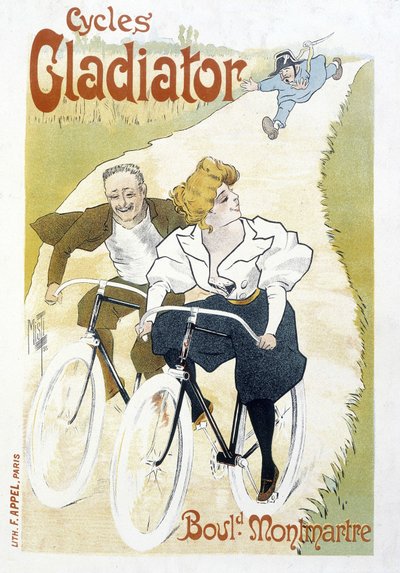 Bike Couple Chased by a Constable - Advertising for Gladiator Cycles, by Misti, c.1895 by Ferdinand  Misti Mifliez