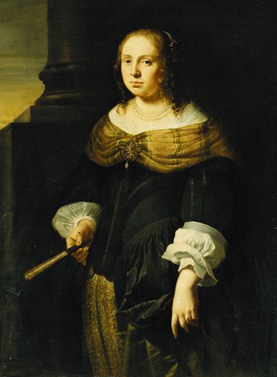 Portrait of a Lady, Three-Quarter Length, Wearing a Black and Green Dress, Holding a Fan, on a Portico by Ferdinand Bol