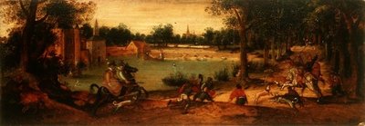 The Boar Hunt (one of a pair of landscapes) by Ferdinand Bol