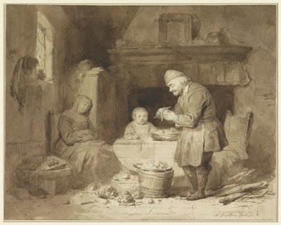 While a Woman Has Fallen Asleep, an Old Man Peels Potatoes by Ferdinand De Braekeleer (I)