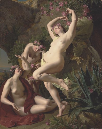 Three Graces Garlanded with Roses by Ferdinand Georg Waldmuller