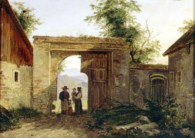 A Farmyard with peasants at a gateway by Ferdinand Georg Waldmuller