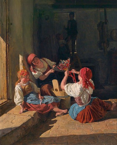 Children decorating a Conscripts hat, 1854 by Ferdinand Georg Waldmuller