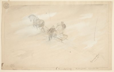 A Sled Seen from Above, Pulled by a Horse, with Two Seated Persons and One Standing Beside, All Seen from Behind by Ferdinand Kjerulf Tranaas