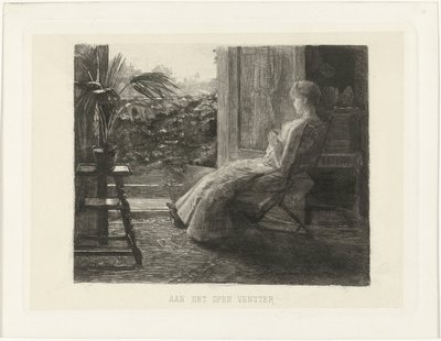 Young Woman Embroidering by the Open Window by Ferdinand Oldewelt
