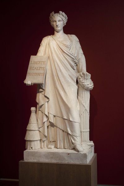 The French Republic. Represented as a woman dressed in an antique drape and holding a plaque with the motto 