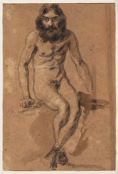 Horses Running (recto); Nude Bearded Man, Seated (verso), c.1800-1899 by Ferdinand Victor Eugene (after) Delacroix