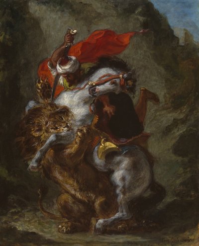 Arab Horseman Attacked by a Lion by Ferdinand Victor Eugene Delacroix