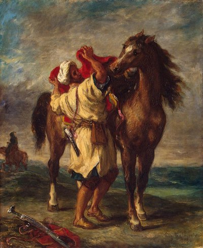 Arab saddling his horse by Ferdinand Victor Eugene Delacroix