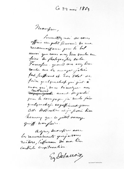 Letter signed by Eugene Delacroix, French Romantic artist, 1863 by Ferdinand Victor Eugene Delacroix