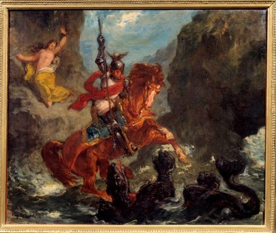 Roger delivering Angelica. Angelica delivered to a monster by pirates is liberated by Roger riding on a hippogriff. Illustration for 