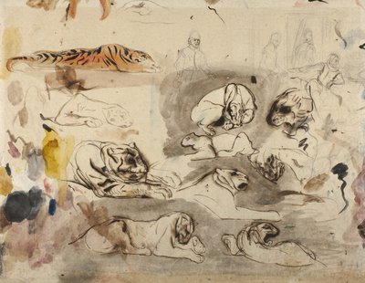 Sketches of Tigers and Men in 16th Century Costume by Ferdinand Victor Eugene Delacroix