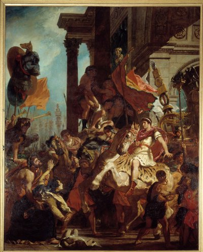 The Justice of Trajan. A widow whose son was killed seeks justice from Emperor Trajan (Marcus Ulpius Trajanus, 53-117) leaving for war. Illustration of the Purgatory in 