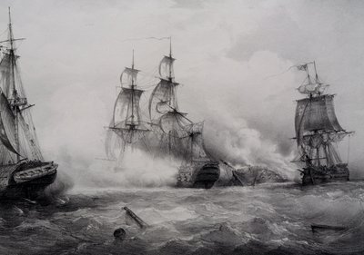 Fighting between British and American third-rate sailing ships with 74 guns, lithograph by Ferdinand Perrot by Ferdinand Victor Perrot