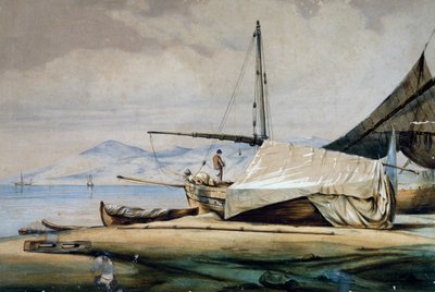 Leudi, Ligurian fishing boat, color lithograph by Ferdinand Perrot by Ferdinand Victor Perrot
