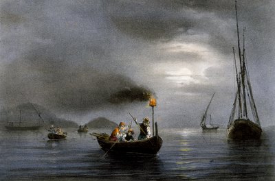 Night fishing by fishing lamp, Colored lithograph by Ferdinand Perrot by Ferdinand Victor Perrot
