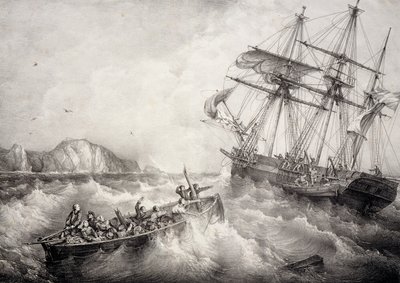Rescue of crew of Breton fishing boat by Swedish ship Le Neptune, Lithograph by Ferdinand Perrot by Ferdinand Victor Perrot