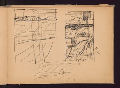 Three Sketches: a),c) Hilly Landscape, b) Old Crosses; verso: Three Sketches of Paintings: Angelus, Lithuania, Province by Ferdynand Ruszczyc
