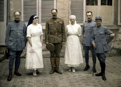French military doctors and nurses in front of Saint-Paul Hospital, Soissons, Aisne, France, 1917 by Fernand Cuville
