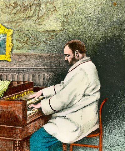Portrait of Emile Zola playing the organ. Engraving by Desmoulin by Fernand Desmoulin