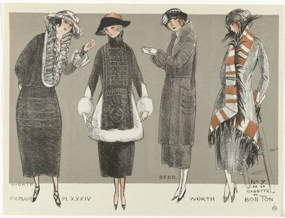 Gazette du Bon Ton, 1920 - No. 7, Croquis Pl XXXIV: Worth / Beer / Worth by Fernand Siméon