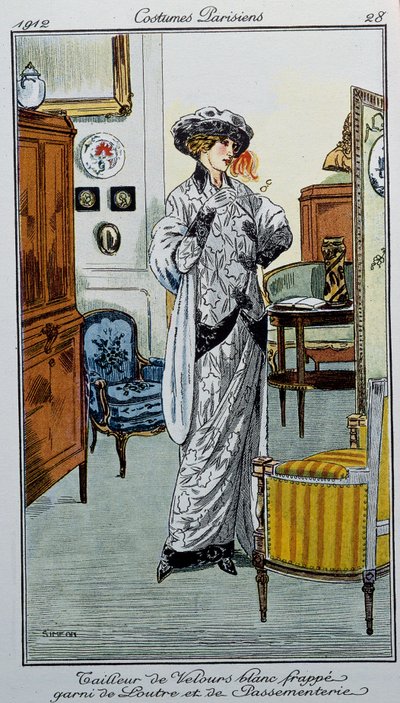 Parisian Costumes: White Velour Tailor Striped with Otter and Trimmings by Fernand Siméon