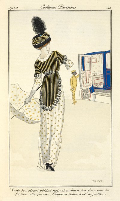Velvet Jacket and Auburn Dress with Painted Frissonnette. Velvet Hat and Aigrette. by Fernand Siméon