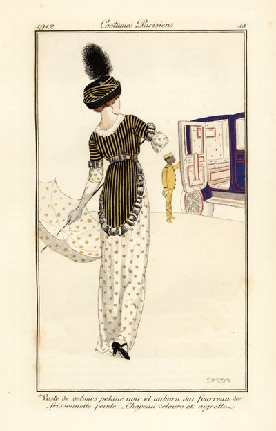 Woman in waistcoat of pekine velvet over a printed sheath dress by Fernand Siméon
