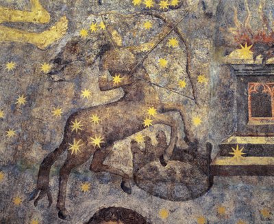 Gothic period. Dome of the Zodiac (1485) by Fernando Gallego. XV Century. Wall paintings. They decorate the library of the University of Salamanca, Castile, Spain. Represents signs of the zodiac. Centaur. Symbol of the constellation by Fernando Gallego