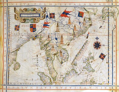 Plane-Chart, Pre-Mercator Map of 1571 by the Portuguese Cartographer Fernao Vaz Dourado. Map of East India, Bay of Bengal, South East China, Thailand, Borneo, and Japan. The Tropic of Cancer is Named. by Fernao Vaz Dourado