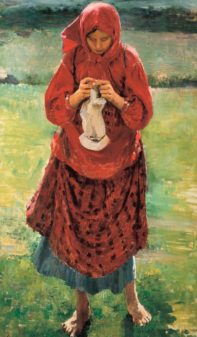 A young peasant woman knitting a stocking by Filipp Andreevich Maliavin