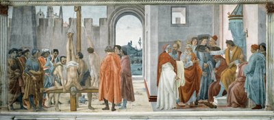The dispute between Simon the Wizard (the Mage or Simon of Samaria, died 65) (with Nero (37-68) on the throne) and the Crucifixion of St. Peter (The Dispute with Simon Mago and The Crucifixion of St. Peter) - Fresco by Filipino Lippi (1457-1504) by Filippino Lippi