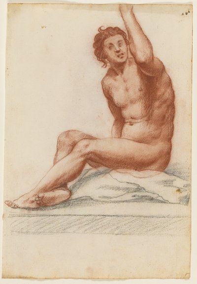 Male Figure with His Body Turned Left, His Left Arm Reaching Upwards, Sitting on a Cloth by Filippo Esegrenio