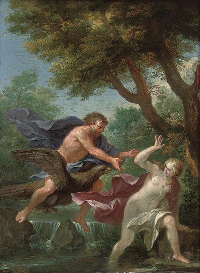 A wooded river landscape with Jupiter chasing a river nymph by Filippo Lauri