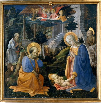 Adoration of the child with Saint Jerome, Saint Hilarion, Saint Madeleine and Angels by Filippo Lippi