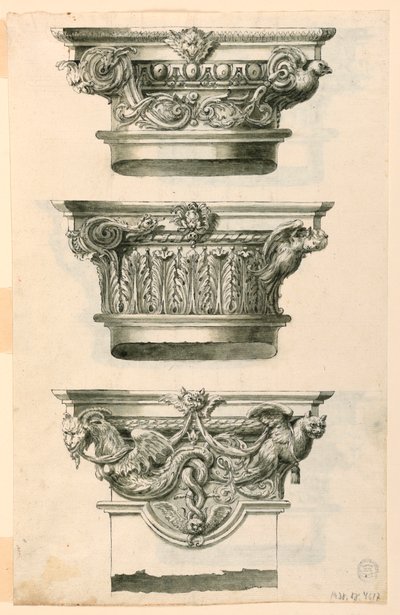 Six Capitals of Columns, One of a Pillar, with Alternative Suggestions by Filippo Marchionni