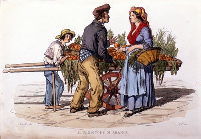 Small business of Naples: the walking seller of oranges. Engraving after a painting by F. Palizza. From 