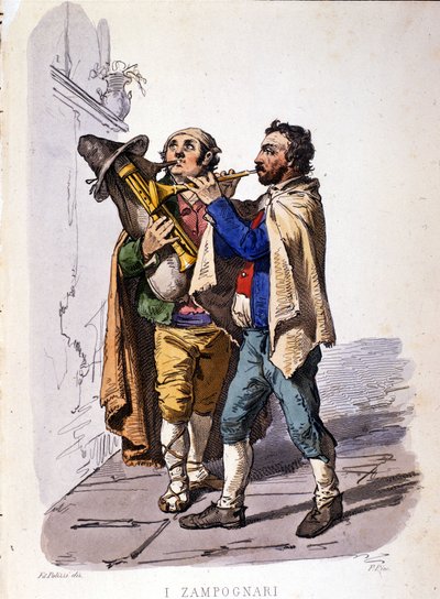 Pipe players (zampogna). Engraving after a painting by F. Palizza. From a work by Francesco de Bourcard 