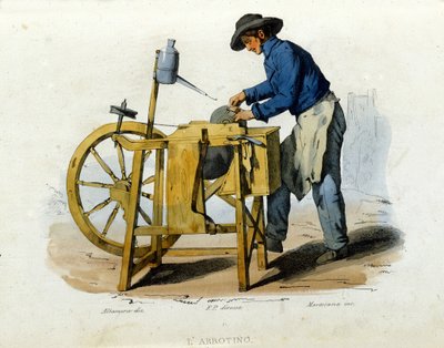 Small business of Naples: a knife sharpener. Engraving after a painting by F. Palizza. From 