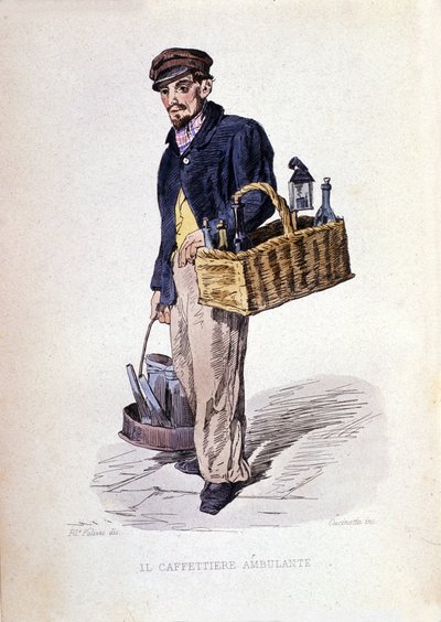 Small business of the city of Naples: the caffettiere, a Neapolitan coffee merchant. Engraving after a painting by F. Palizza. From a work by Francesco de Bourcard Costumi del regno di Napoli by Filippo Palizzi