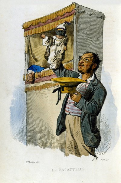 Small business of the city of Naples: the puppeteer. Engraving after a painting by F. Palizza. From a work by Francesco de Bourcard 