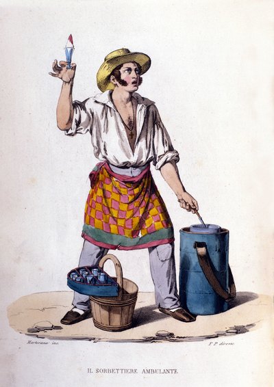 Small business of the city of Naples: the seller of ice cream and sorbets. Engraving after a painting by F. Palizza. From a work by Francesco de Bourcard “Costumi del regno di Napoli” by Filippo Palizzi