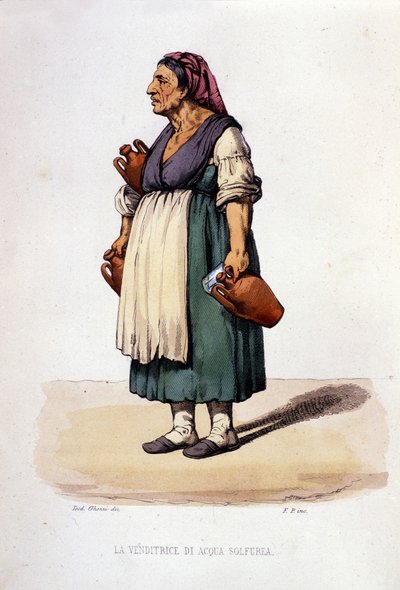 Small business of the city of Naples: walking saleswoman of sulphur water. Engraving after a painting by F. Palizza. From a work by Francesco de Bourcard 