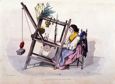 Small business of the kingdom of Naples: young woman from Sorrento weaving ribbons. Engraving after a painting by F. Palizza. From a work by Francesco de Bourcard Costumi del regno di Napoli by Filippo Palizzi