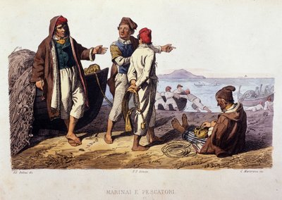 Small metier of the Kingdom of Naples: sailors and fishermen. Engraving after a painting by F. Palizza. From a work by Francesco de Bourcard 