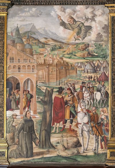 The Saint appearing to the blessed Luca Belludi predicting the liberation of Padua, School of the Saint by Filippo da Verona