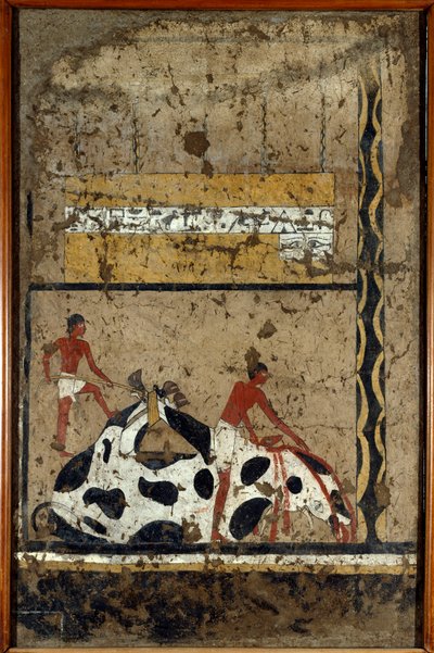 Egyptian Antiquities: A Bull is Sacrificed Before a Sarcophagus. Detrempe on Clay and Straw from the Tomb of the General and Chancellor of King Iti in El Ghebelen near Luxor. 2200-2000 BC. Turin, Egyptian Museum by First Intermediate Period Egyptian