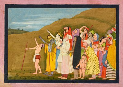 Krishna and his family admire a solar eclipse, perhaps a page from the Bhagavata Purana by First generation after Nainsukh
