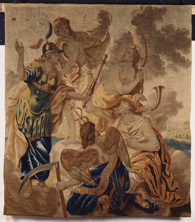 A Brussels Tapestry Depicting Various Deities, Including Minerva, Apollo, Diana, Mercury and Cornus Amidst Clouds by Flemish School