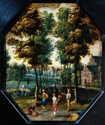 A Kermesse scene in a village near a river by Flemish School